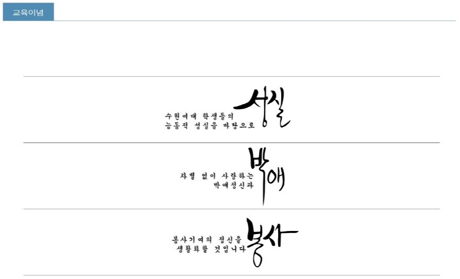 교육이념 : 수원여대 학생들의 능동적 성실을 바탕으로(성실) / 차별 없이 사랑하는 박애정신과(박애) / 봉사기여의 정신을 생활화할 것입니다(봉사)